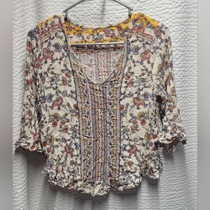 Boho Floral Print Blouse with Yellow Accents